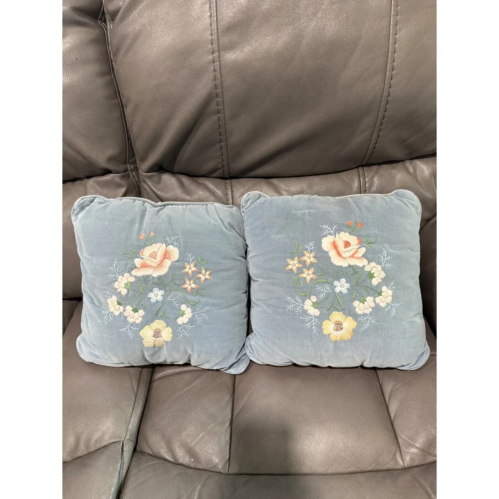 Set of 2 Embroidered‎ Floral Throw Pillows Light Blue Velvet Cottagecore Accent